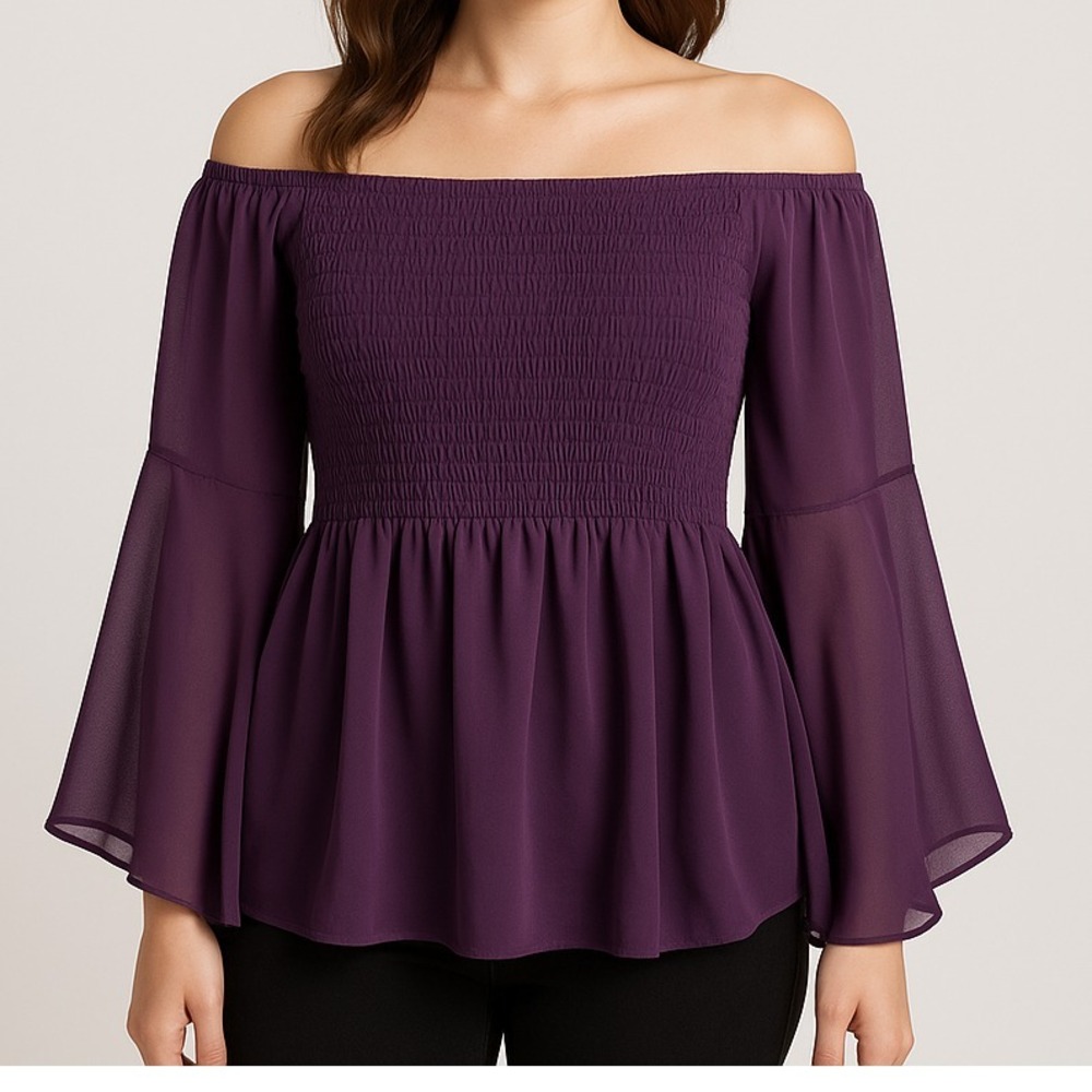 Shinestar Women Blouse S Purple Off Shoulder Ruched Bodice Bell Sleeve NWT